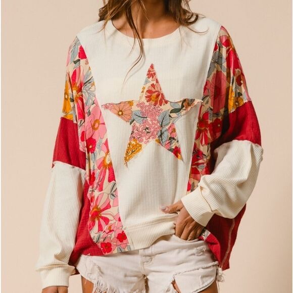 ◇ BiBi Graphic Star Patch Baggy Shirt ColorBlock Detail - Picture 13 of 15